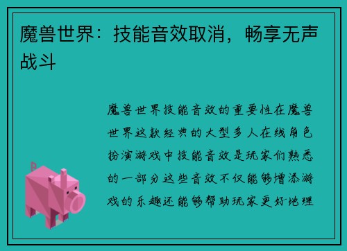 魔兽世界：技能音效取消，畅享无声战斗